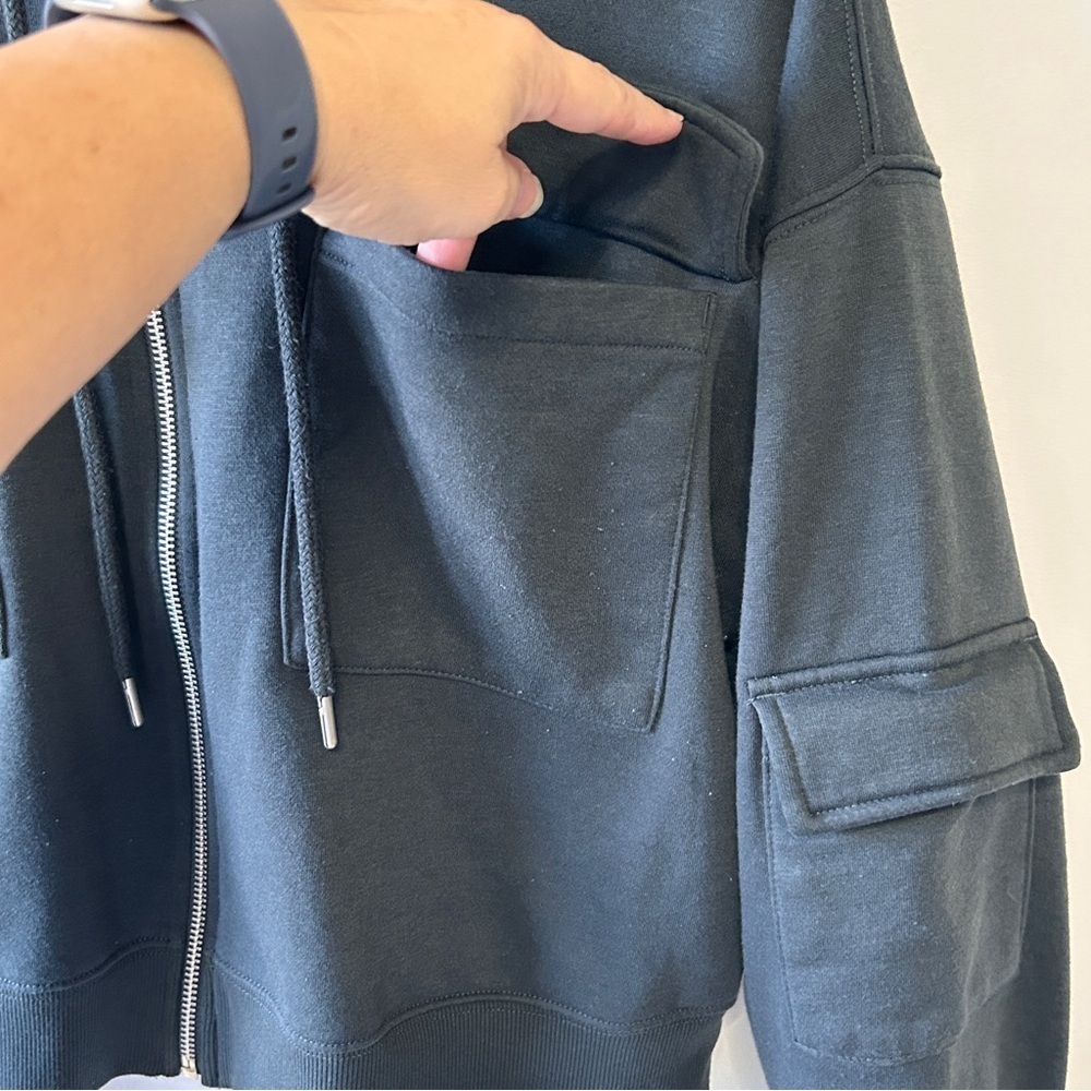 Women's Large Cropped Hoodie Zipped Front Pockets Dark Grey Oversized - Picture 2 of 8
